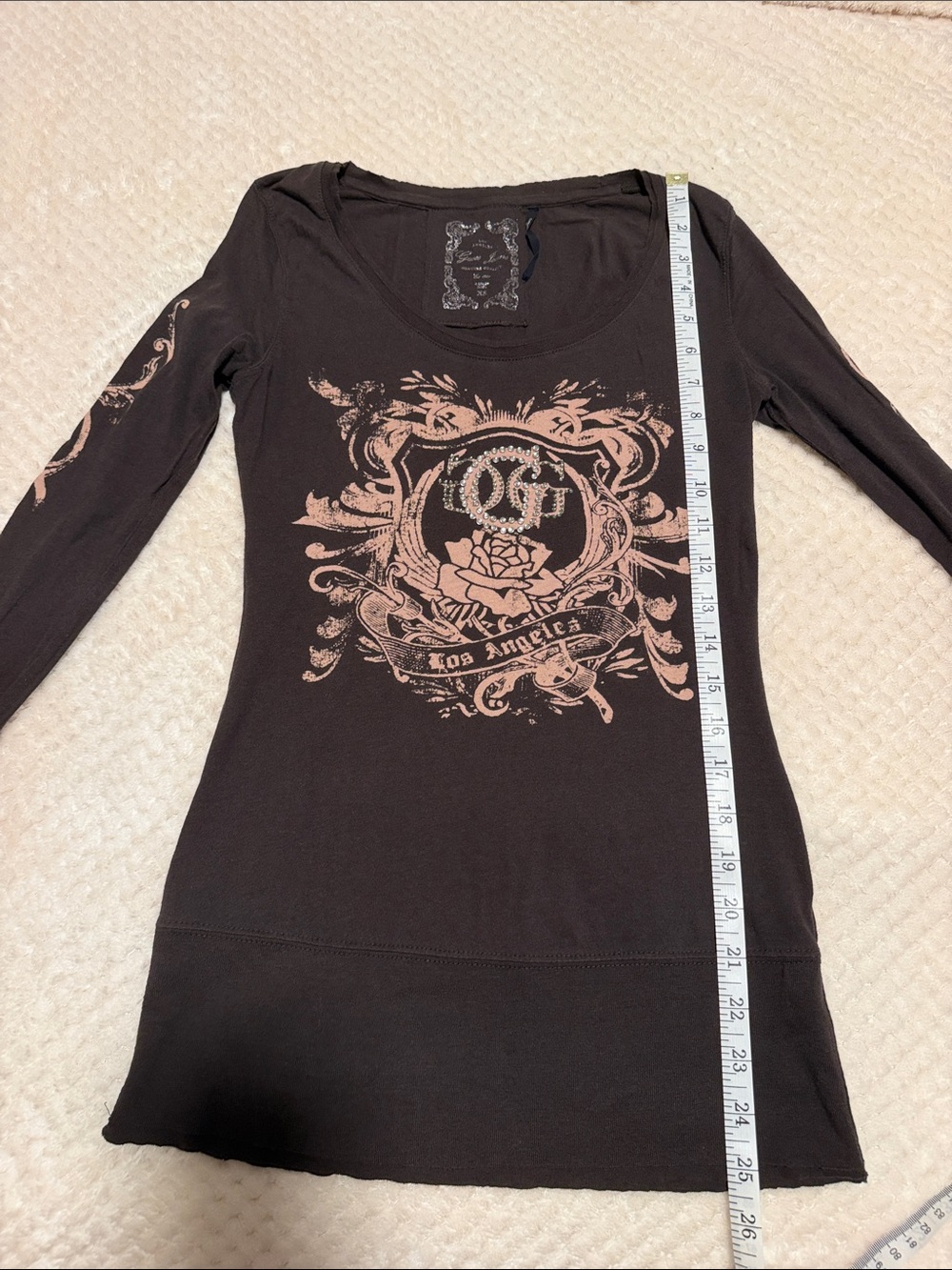 Vintage Guess Jeans Y2K Rhinestone Logo Brown Long Sleeve Top Graphic Tee XS - Picture 9 of 9